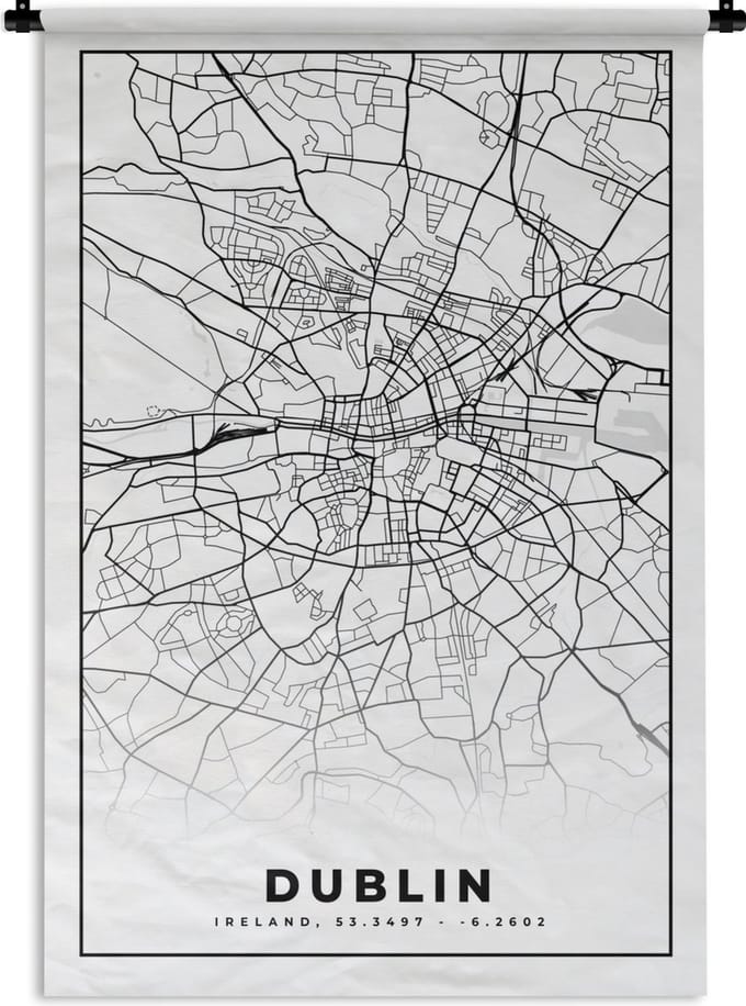 Wandkleed - Wanddoek - Dublin - Stadskaart - Zwart Wit - Plattegrond - Kaart - 120x180 cm - Wandtapijt
