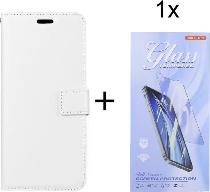 Bookcase Geschikt voor: iPhone 13 Pro Max - Wit - portemonee hoesje met 1 stuk Glas Screen protector