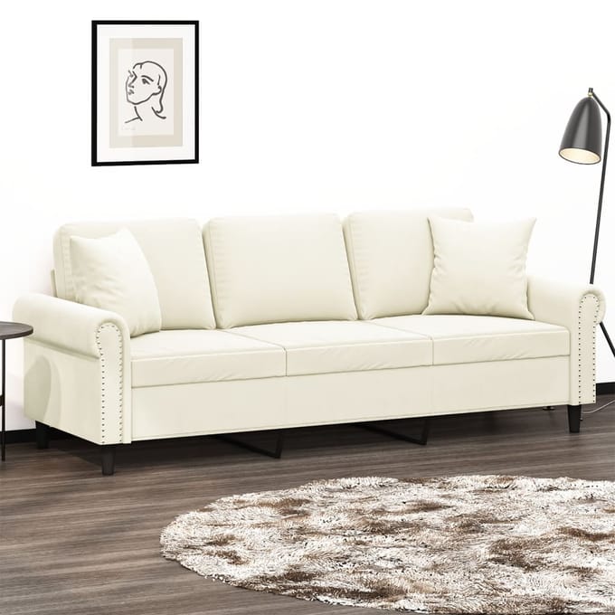 vidaXL - Driezitsbank - met - sierkussens - 180 - cm - fluweel - crèmekleurig