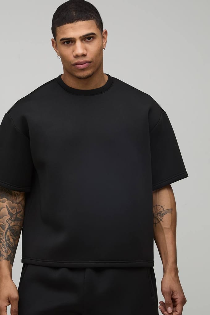 Oversized Boxy Bonded Scuba T-shirt & Ontspannen Short Set | Black | Size Medium