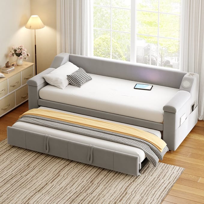MODFU Bedframe 90x190 cm – fluweel grijs – uitschuifbaar naar 180x190 cm – met Bluetooth audio, USB en opbergvakken