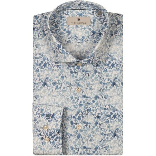 Thomas Maine Overhemd Flower Leaves Pattern Roma Modern Kent Midden Blauw / male