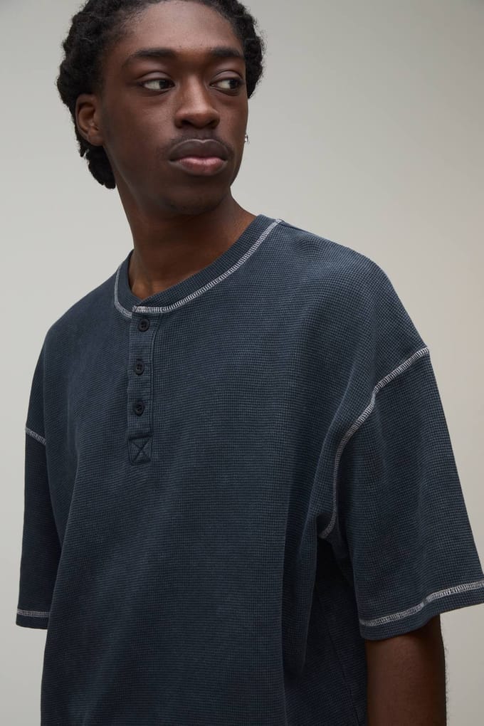 Oversized Boxy Acid Wash Waffle Henley T-Shirt | Charcoal | Size Medium