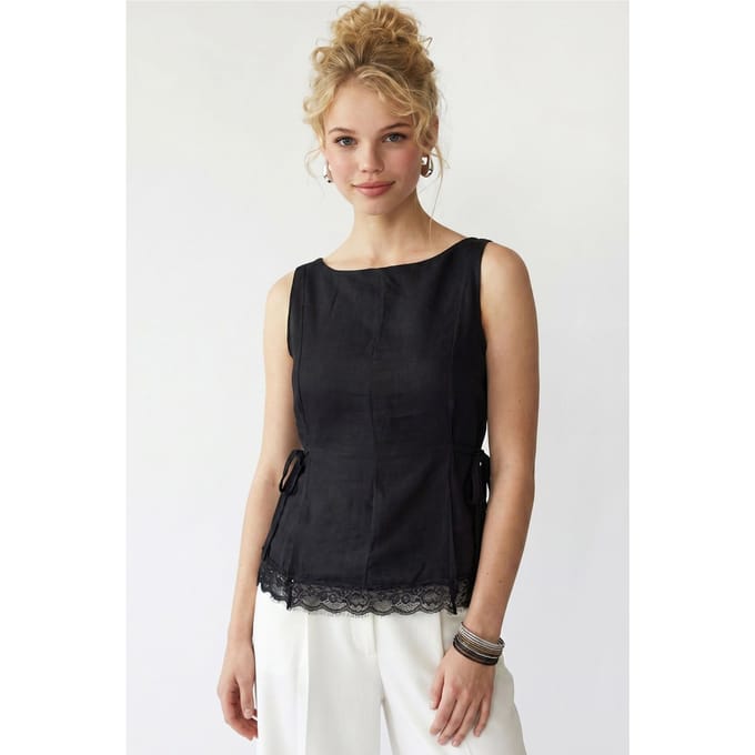 Mouwloze Poplin Blouse Met Striksluiting