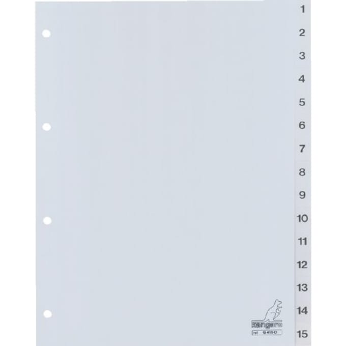 Kangaro tabbladen - A4 - 15-delig met cijfers - PP 120 micron - grijs - 4-gaats