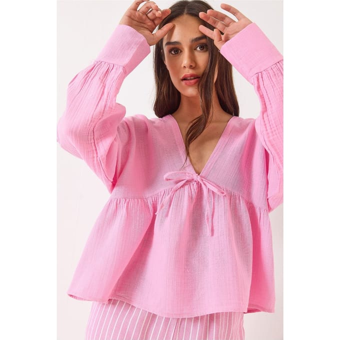 Gestructureerde V-hals Cropped Blouse met Strik