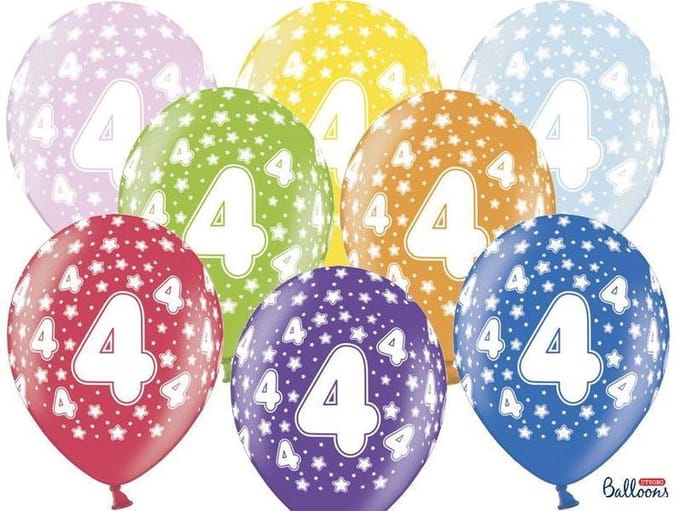 """Ballonnen 30cm, 4th Birthday, Metallic Mix (1 zakje met 6 stuks)"""