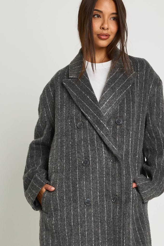 boohoo Dames Pinstripe Wol-Look Oversized Maxi Jas | Charcoal | Maat: 14