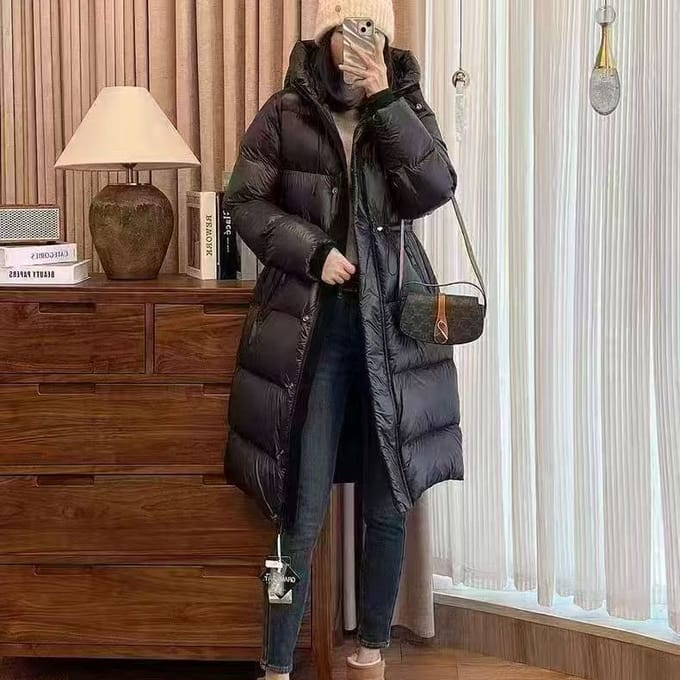 Glanzend Verdikt Koudebestendig Slankpassend Taille Middel en Lang Donsjack Dames Warm Jack M black