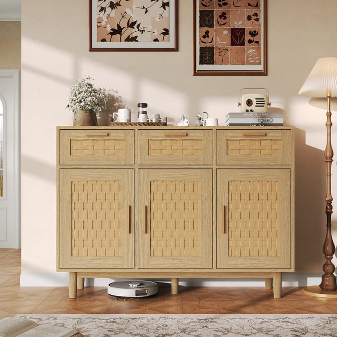 Dressoir 108 cm met 3 Lades & 3 Deuren – Rotan Design Buffetkast – Eiken Opbergkast