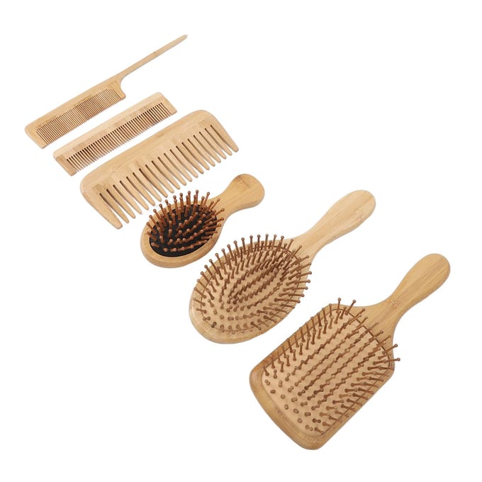6 Stuks Kam Haar Baard Kapsel Luchtkussen Ontwarborstel Bamboe Set Kit voor Thuis Salon beige