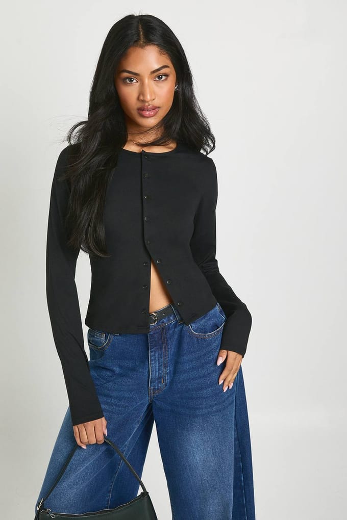 boohoo Dames Peached Sculpt Popper Through Long Sleeve Top | Zwart | Maat: 38