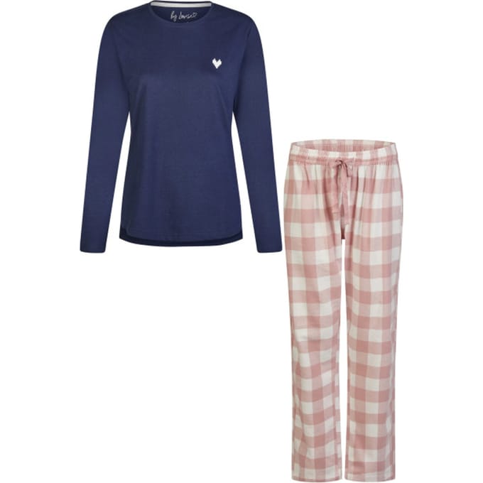 By Louise Dames Pyjama Set Lang Flanel Geruit Roze - Maat XL