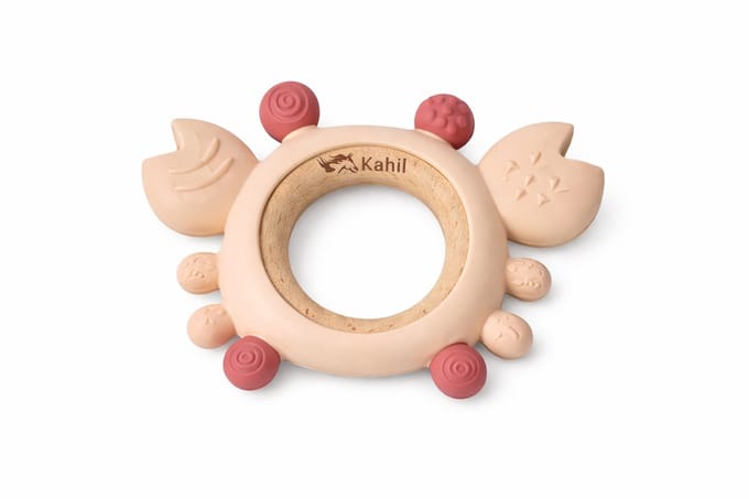 Kahil - Bijtring Dino - Baby Siliconen en Hout - Sensorisch Babyspeelgoed - Roze Beige