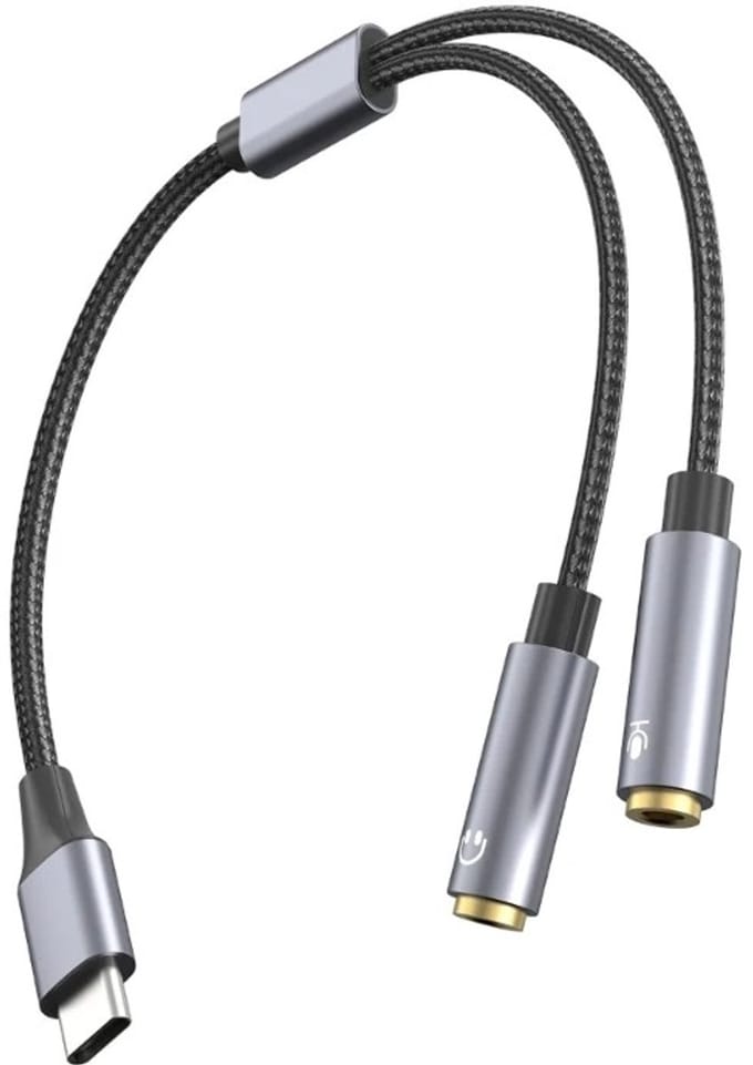 DrPhone AudioLink CX2 USB-C DAC Headset Splitter naar 2× 3,5mm – Audio & Microfoon Y-Adapter – 0,25m – Compatibel met Smartphone, Laptop & Tablet