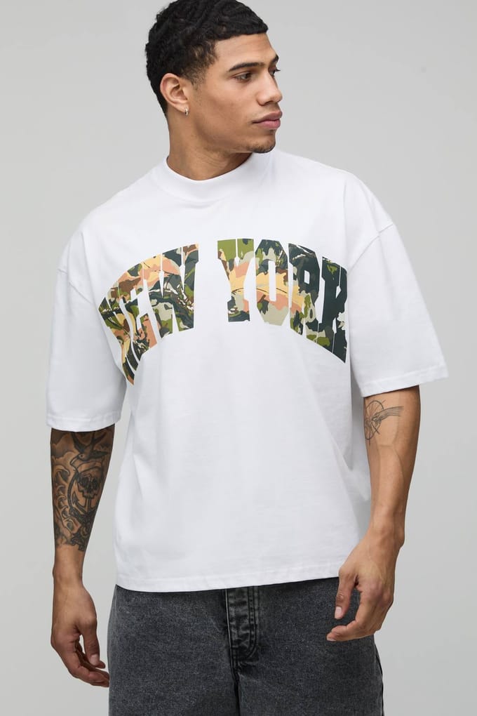 Wit Oversized Boxy New York Camo Print T-shirt | White | Size Large