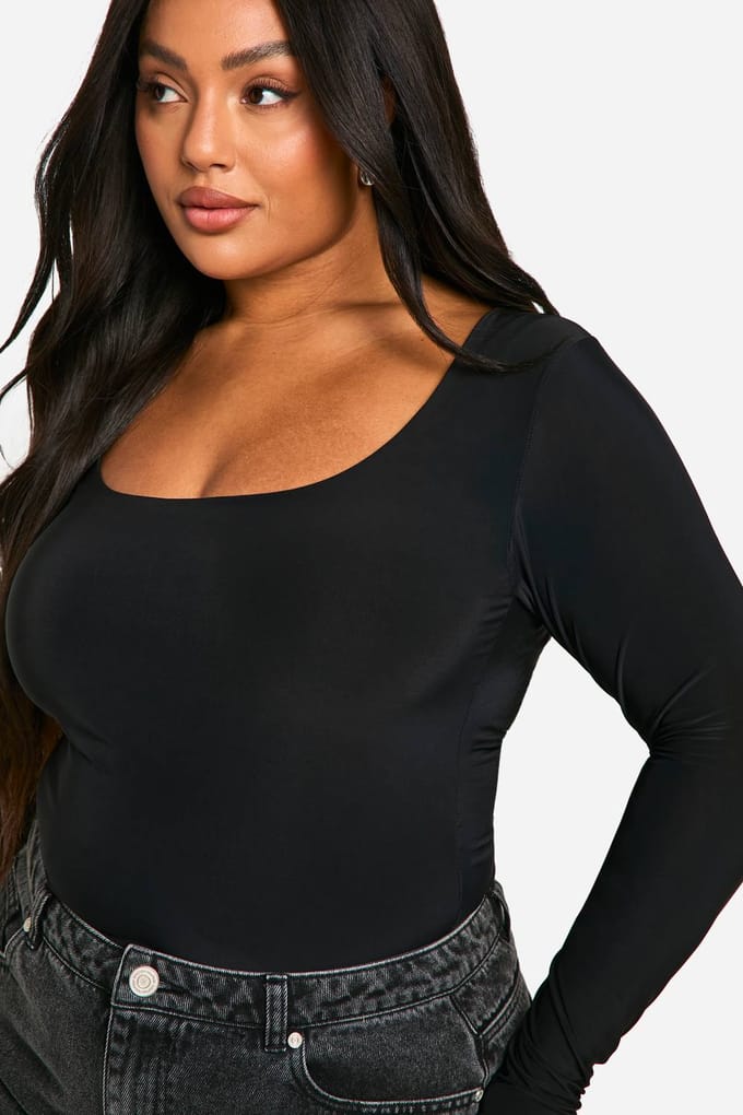 Dames Boohoo Basics Plus Double Laag Slinky Scoop Bodysuit | Zwart | Maat: 56