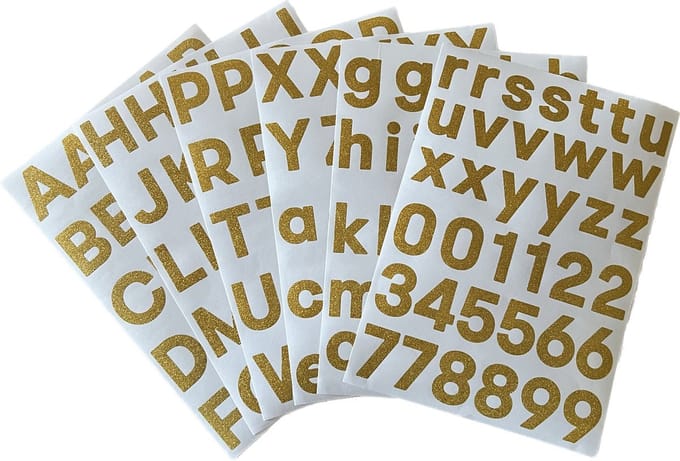 plakletters glitter goud | alfabet stickers | met cijfers | hoogte 4 cm