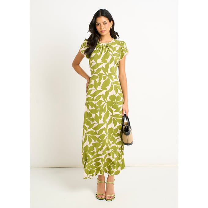 Groene maxi-jurk met elastische taille en bloemenkraag