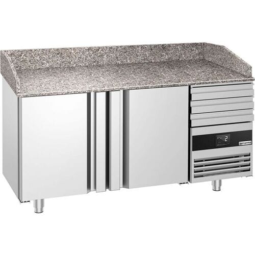 GGM Gastro Pizzawerkbank PREMIUM - 1600x800mm - met granieten werkblad - met 2 deuren & 3 laden zilver