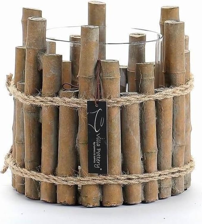 Pot Nepal bruin 22x22 cm Beton Bamboe Oosterse stijl met Windlicht Glas