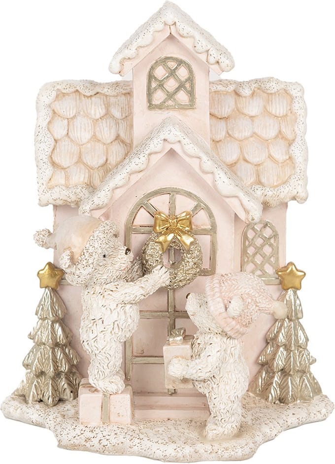 Clayre & Eef Decoratie Huis met LED 15x10x18 cm Roze Polyresin Beer