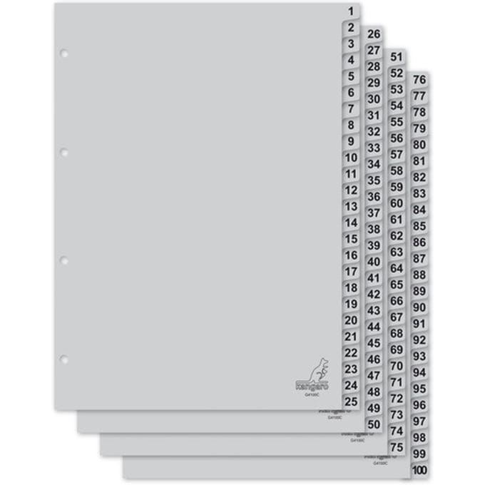 Kangaro A4 Tabbladen met Cijfers, PP 120 Micron, Grijs, 4-gaats, 100-delig