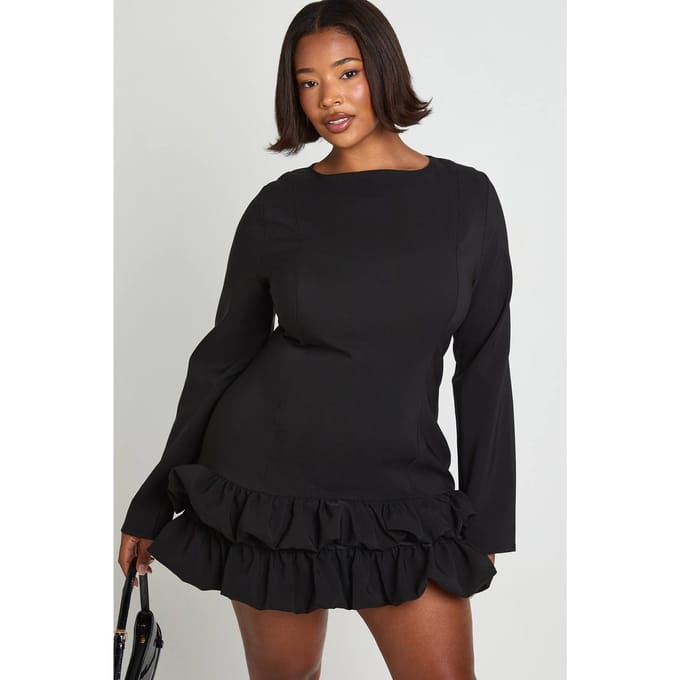 boohoo Dames Plus Geweven Pofmouwen Ruchezoom Shiftjurk | Zwart | Maat: 48