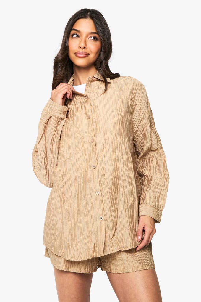 boohoo Dames Geweven Gekreukeld Oversized Shirt | Mocha | Maat: 8