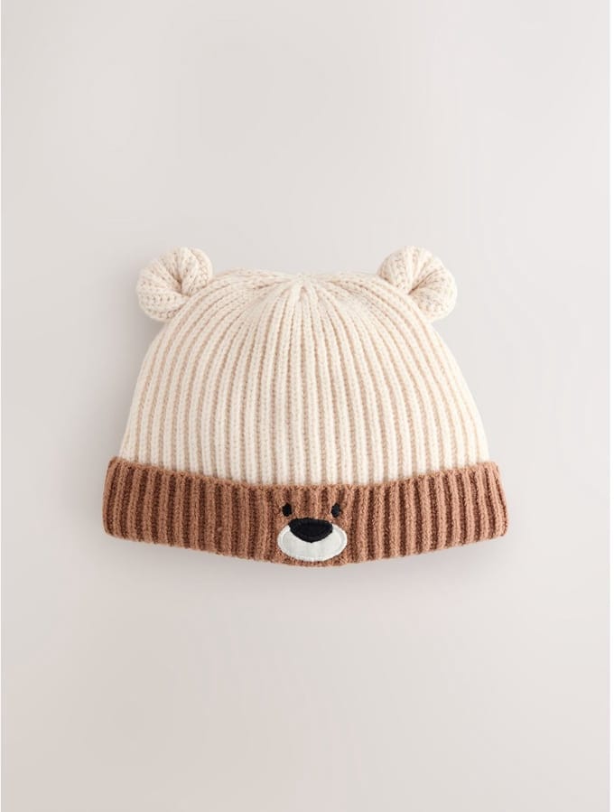 Next - Jongens - Geribbelde babybeanie met berengezicht - Bruin