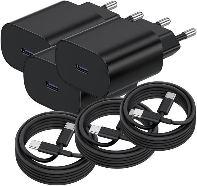 USB C Snellader 25W + USB-C Kabel 2M - 3 Pack - Oplader - USB-C Lader - Zwart