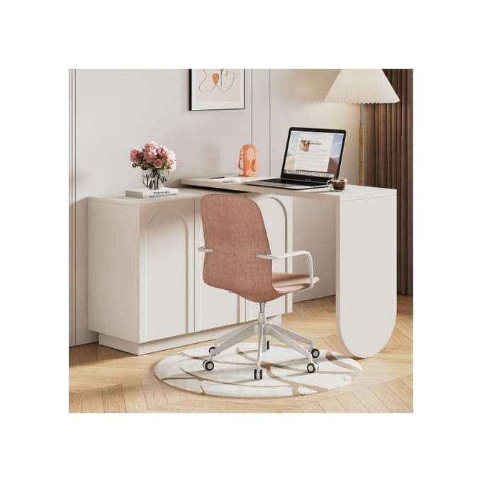 Bureau d'angle - MUVOE - 110 cm - Tables pivotantes 360° - 3 armoires réglables - Blanc wit