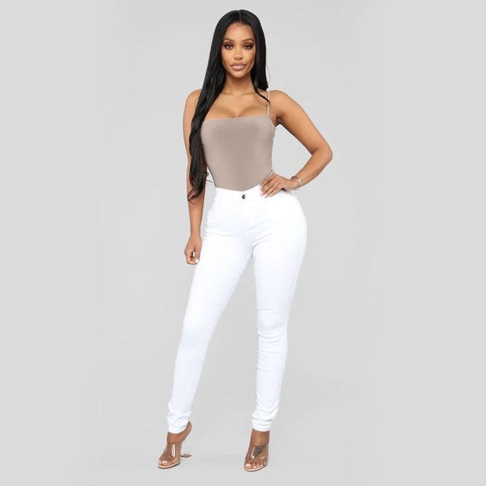 Dames zomermode hoge taille stretch denim potlood potlood broek S wit
