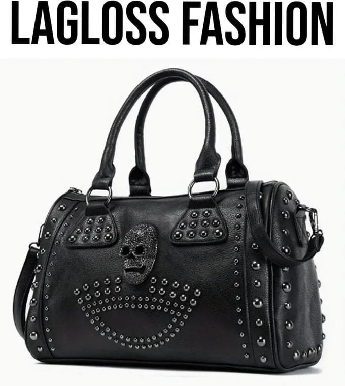 LaGloss® Luxe Leatherlook Schoudertas Zwart Skull & Studs - 24x35x15 cm