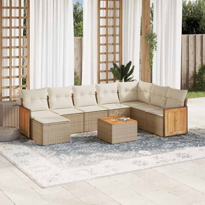 vidaXL - 9-delige - Loungeset - met - kussens - poly - rattan - beige