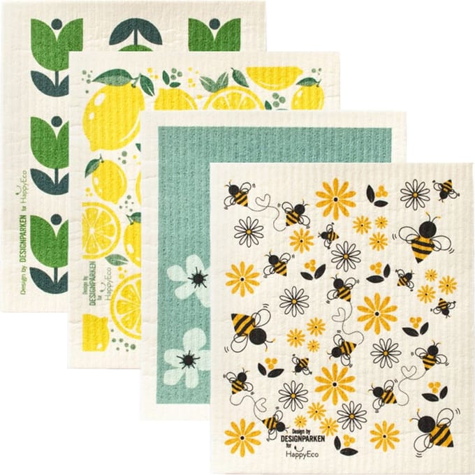 HappyEco Herbruikbare Vaatdoekjes - 4 Diverse prints - Composteerbaar - FSC Cellulose - Katoen - Zonder Microplastics - 4 stuks