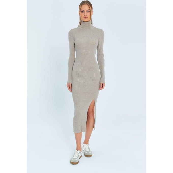 Turtleneck Midi Brei Jurk met Zijspleet