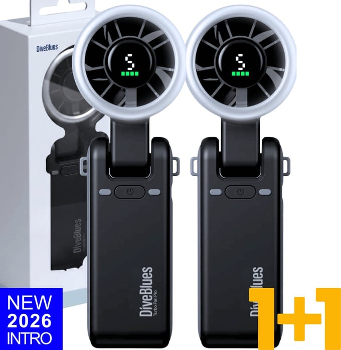 Diveblues® CYCLONE JetForce Handventilator Oplaadbaar | DUO SET | USB-C oplaadbaar | Intro 2026 | Waaier | Mini Ventilator | 2 handventilatoren (2x zwart)