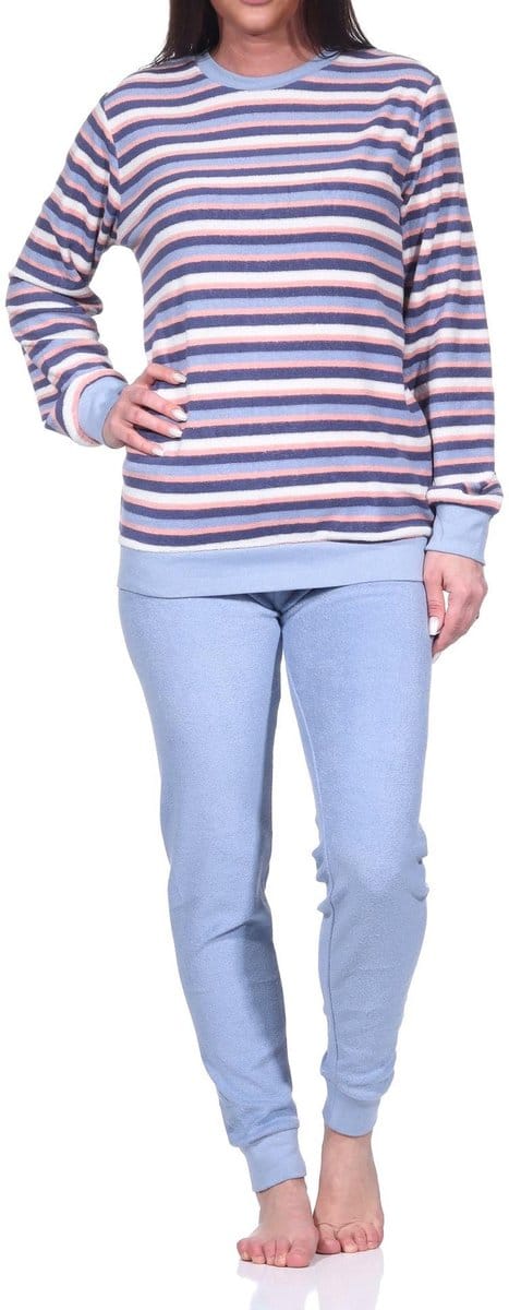 Dames badstof pyjama lang, pyjama met boorden in een geweldige gestreepte look