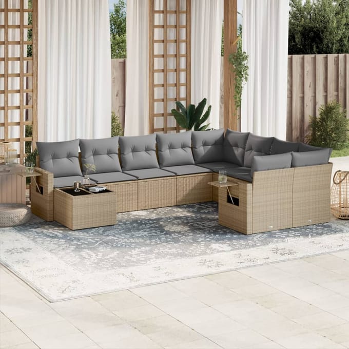 vidaXL - 10-delige - Loungeset - met - kussens - poly - rattan - beige
