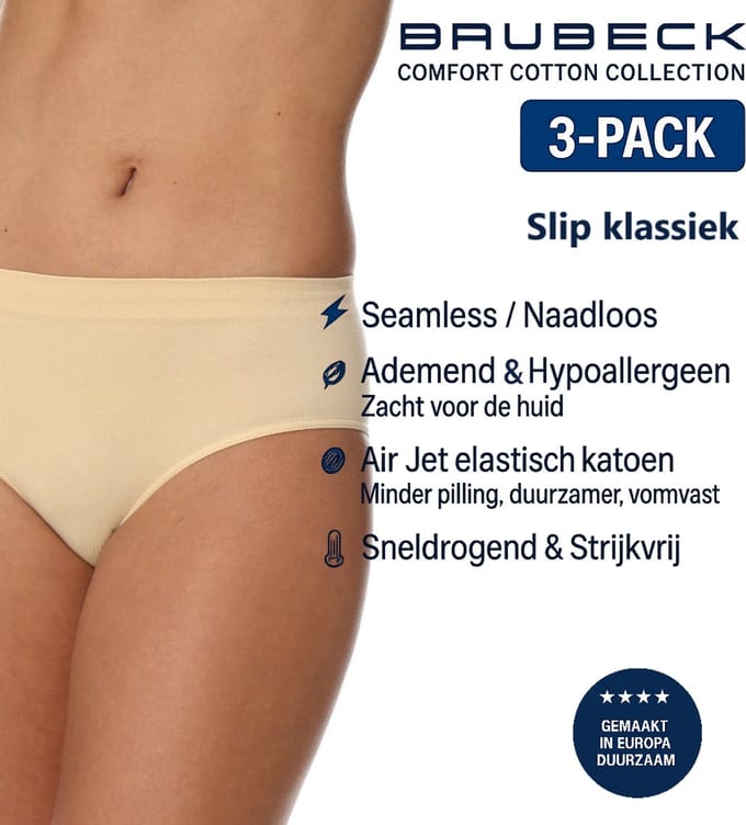 Brubeck Dames Slip Klassiek – Naadloos (Seamless) Elastisch Katoen – 3-Pack - Beige - M