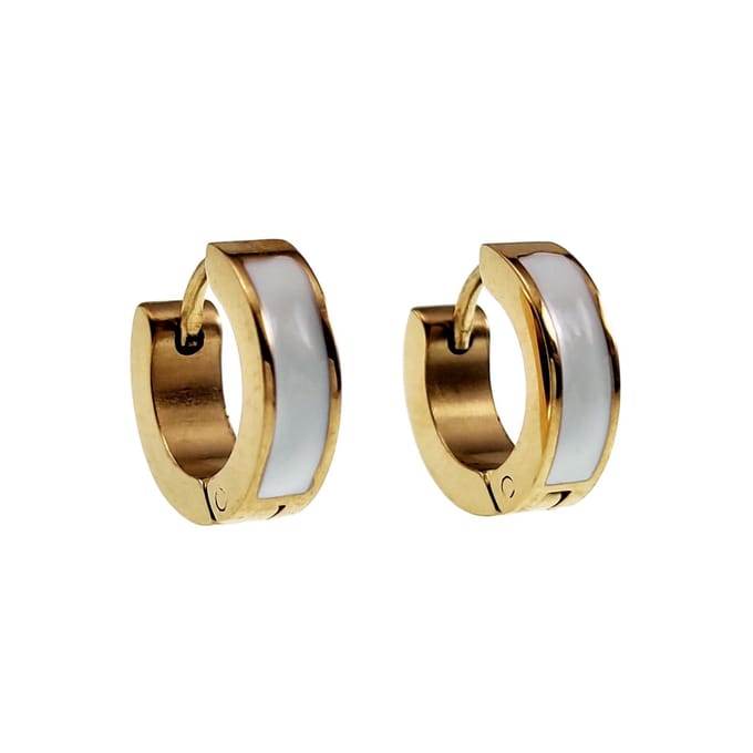 ∅13mm x 4mm Oorbellen Unisex - Verguld RVS - Oorringen met Wit Emaille