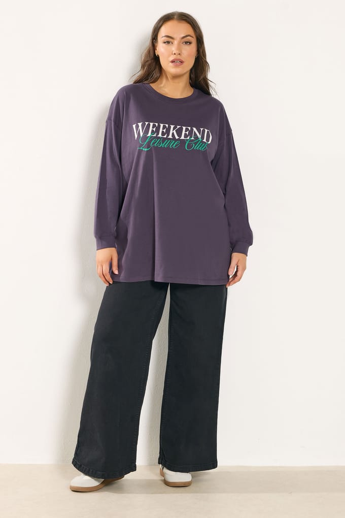 Yours Paars 'Weekend Leisure Club' Tshirt Met Lange Mouwen Size 42