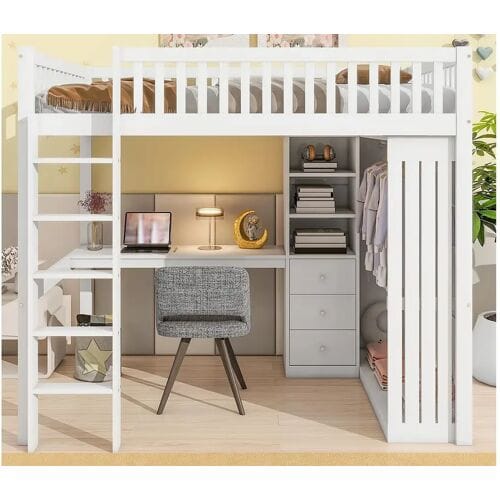 ModernLuxe Hoogslaper van hout 140x200 cm - met bureau en kledingkast - Wit