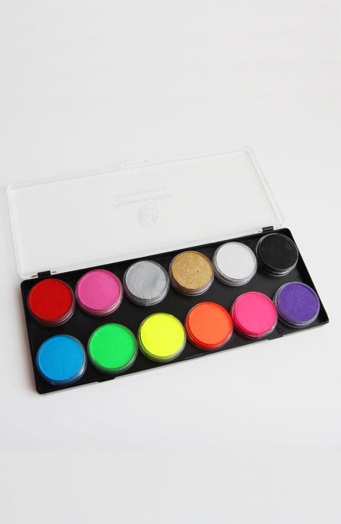 Professioneel schmink palet neon UV fluor en basiskleuren - 12 x 10 gr. - facepaint blacklight fluo schminkpalet fluoriserend