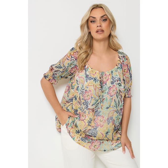 Yours Gele Blouse Met Abstracte Print En Striksluiting Size 44