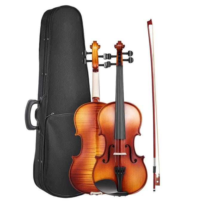 Violon 355mm Taille Fiddle Set Bois Massif pour Débutant Motif Marron Brillant