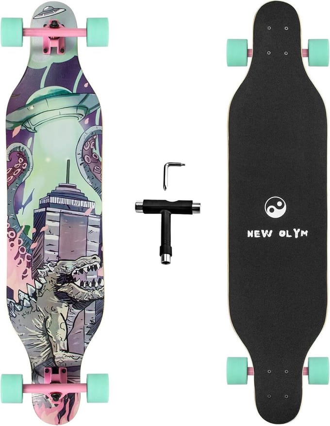 Longboard Skateboard - Drop Through Board - Cruisen en Tricks - 8-laags Esdoornhout - 104 cm - Dinosaurus