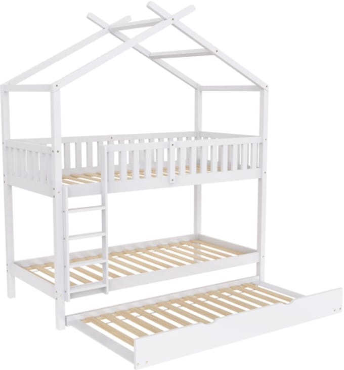 Huisbed, kinderbed, jeugdbed, Stapelbed 90x200 cm, drie bedden, uitschuifbaar, ruimtebesparend design, wit