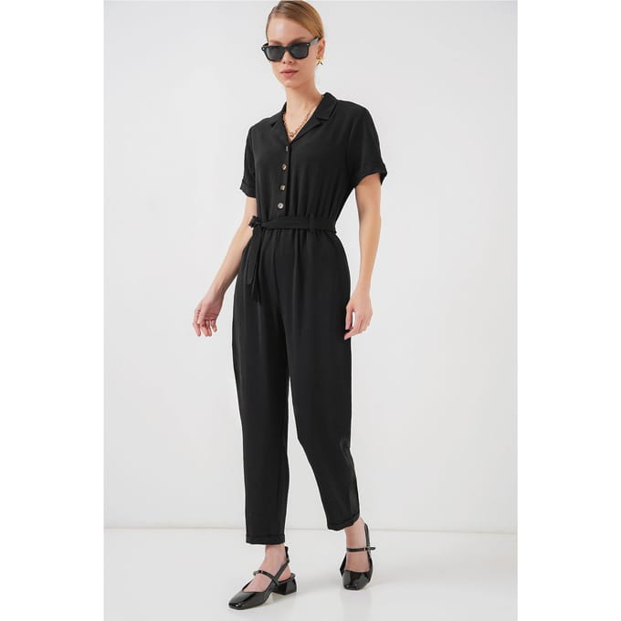 Effen Geweven Jumpsuit met Kraag en Strikdetail